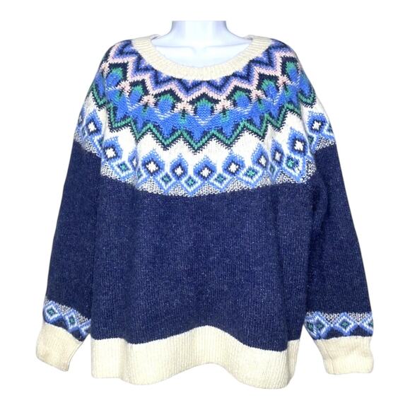 Old Navy Fair Isle Nordic Heavy Sweater Women’s Size 4x Blue Crew Neck wool - Picture 1 of 6